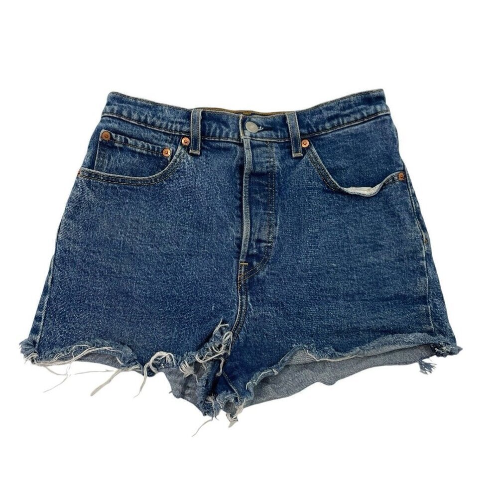 Levi's Premium Ribcage High-Rise Distressed Denim Jean Shorts Blue size 28